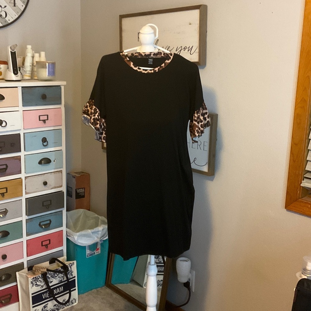 Black Leopard Trim Dress
